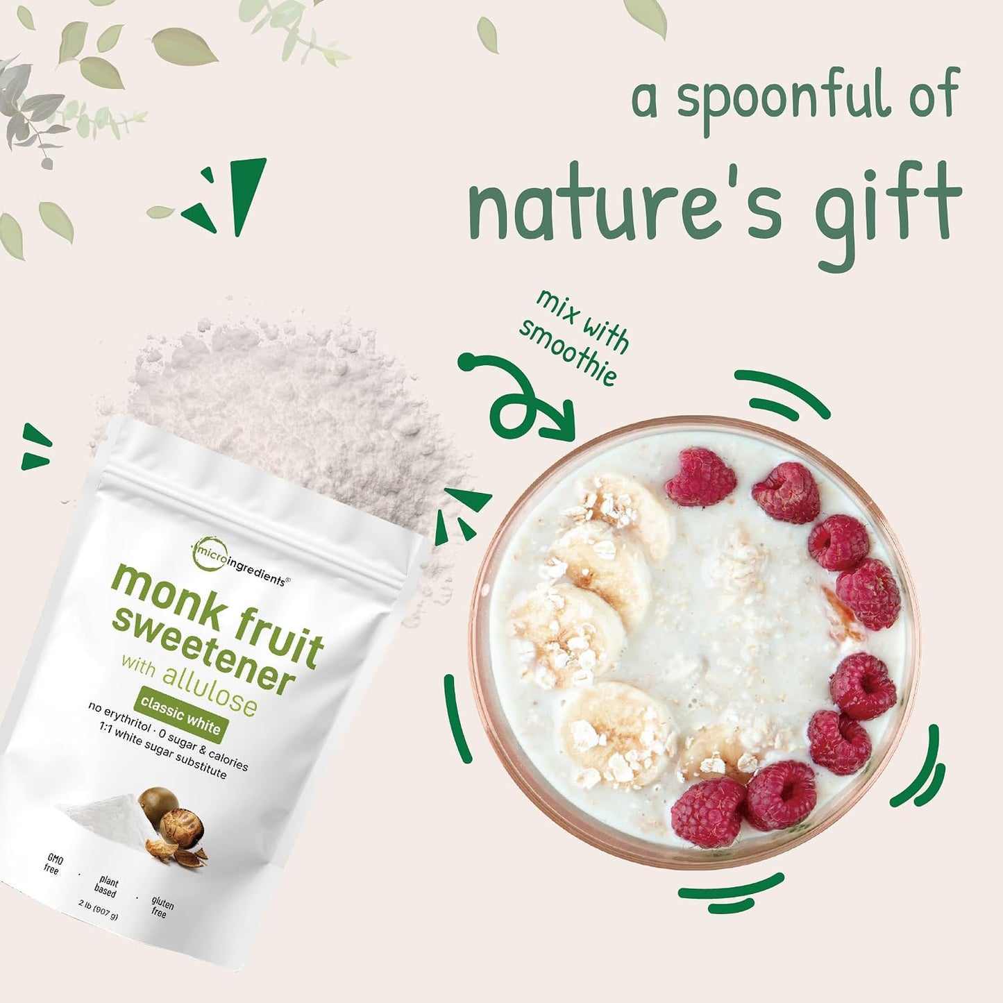 Monk Fruit Sweetener with Allulose, 2 lbs | No Erythritol | No Aftertaste, 1:1 White Sugar Substitute, Keto & Vegan Friendly, Zero Calorie | Great for Drinks, Coffee, Tea, Cookies | Non-GMO