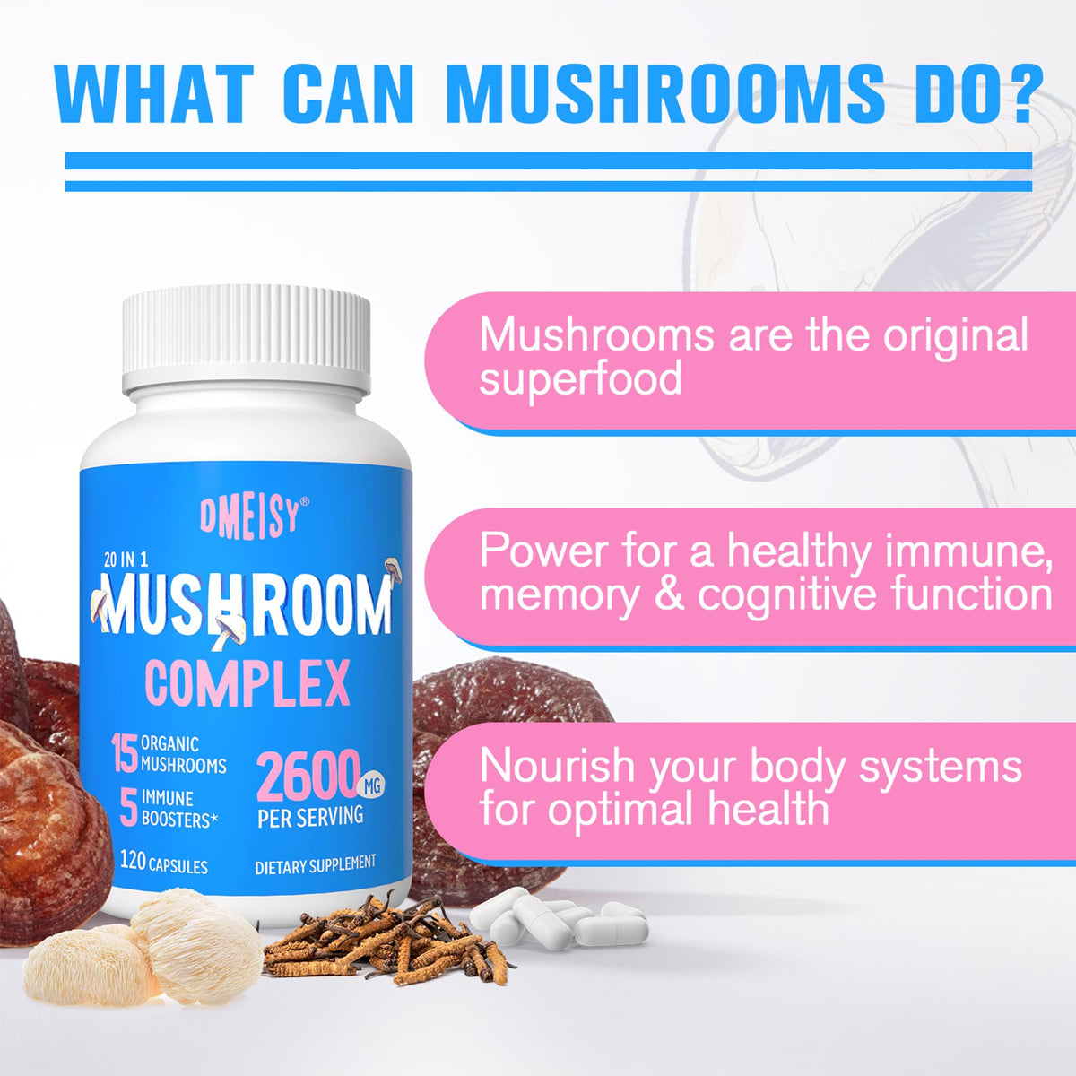 Mushroom Supplement 2600mg, 20-IN-1 Mushroom Complex - Lions Mane, Cordyceps