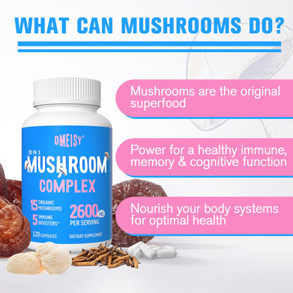 Mushroom Supplement 2600mg, 20-IN-1 Mushroom Complex - Lions Mane, Cordyceps