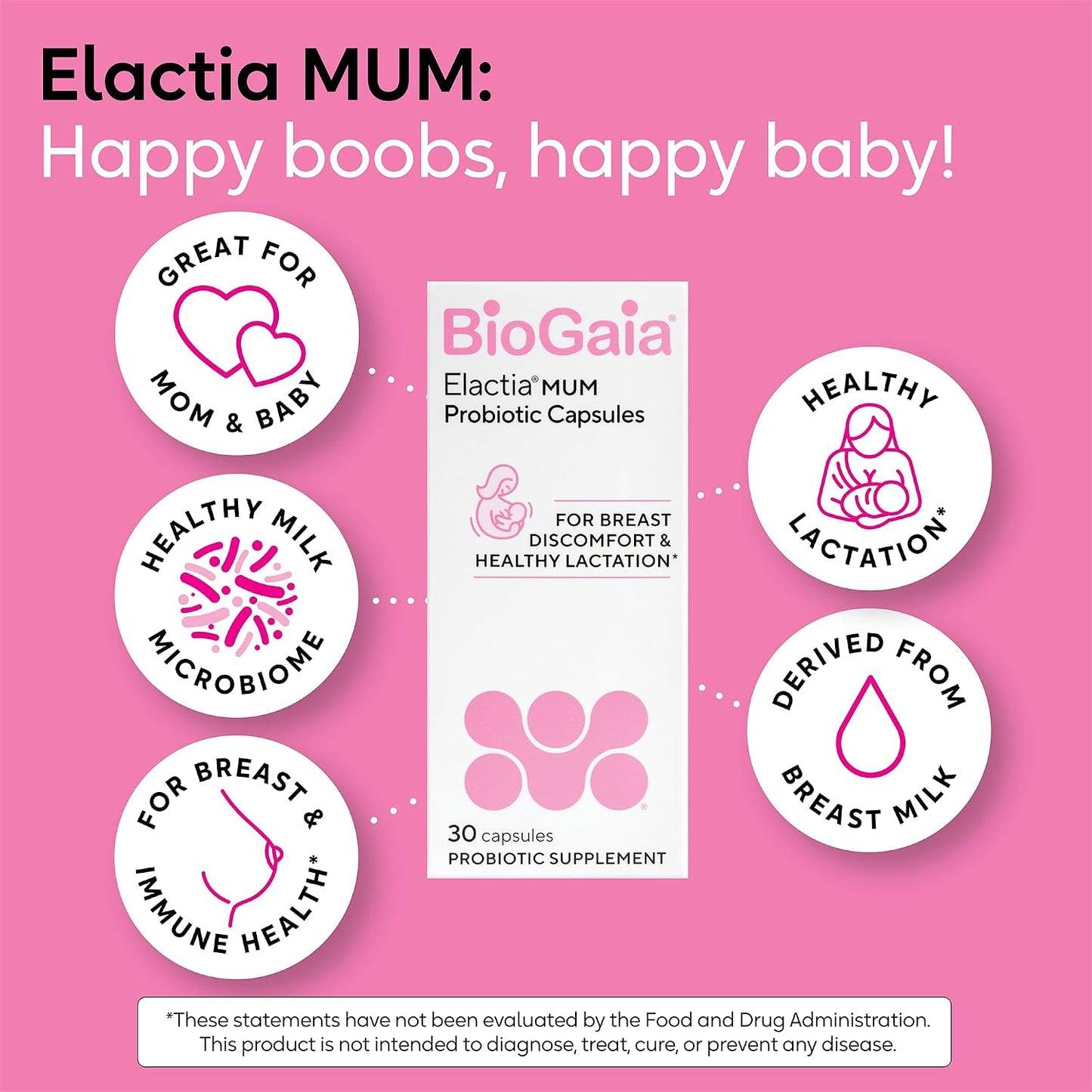 BioGaia Elactia Breastfeeding Probiotic | Lactation Supplements | Newborn Essentials and Probiotics for Both Mom & Baby | Daily Supplement for Healthy Lactation | 30 Count | Breastfeed Happy