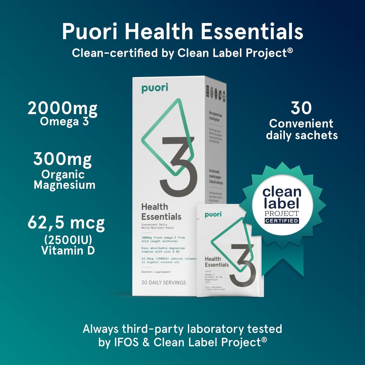 Puori P3 Health Essentials with Magnesium Zinc Complex, Omega 3 Fish Oil & Vitamin D3 Supplements - Men & Womens Daily Multi-Vitamins for Immune System Support & Overall Health - 30 Servings