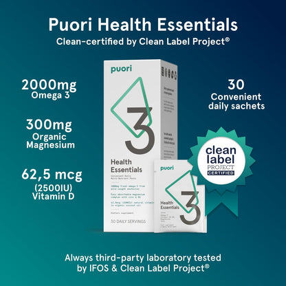 Puori P3 Health Essentials with Magnesium Zinc Complex, Omega 3 Fish Oil & Vitamin D3 Supplements - Men & Womens Daily Multi-Vitamins for Immune System Support & Overall Health - 30 Servings