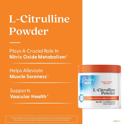 Doctors Best L-Citrulline Powder - L Citrulline Supplement for Men & Women, Nitric Oxide Metabolism Support, Helps Muscle Soreness, Circulatory Health & Energy Support, Unflavored, Gluten Free - 7 oz