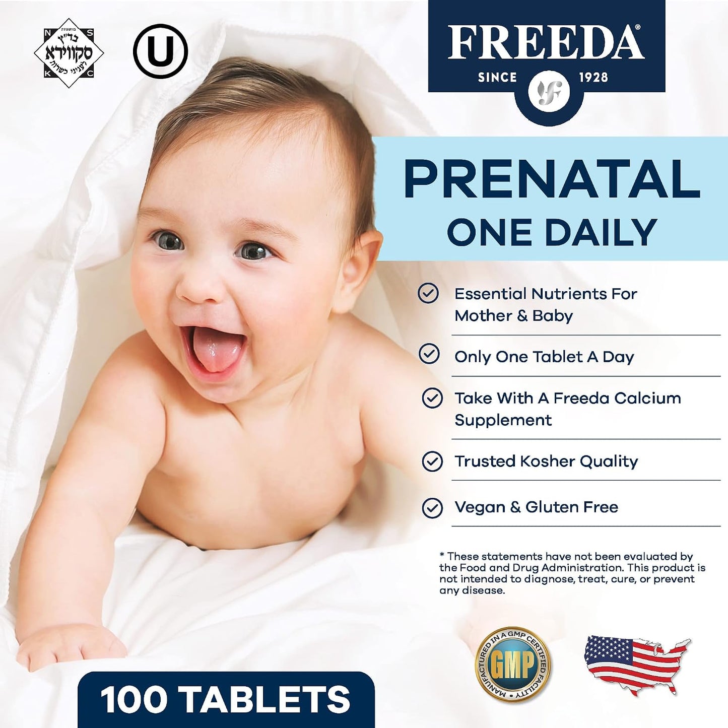 FREEDA Prenatal Vitamins for Pregnant Women – 100 Tablets | Supports Mother & Baby Nutrition – Includes Methylfolate, Calcium, & Essential Nutrients – Vegan, Kosher, Easy-to-Swallow