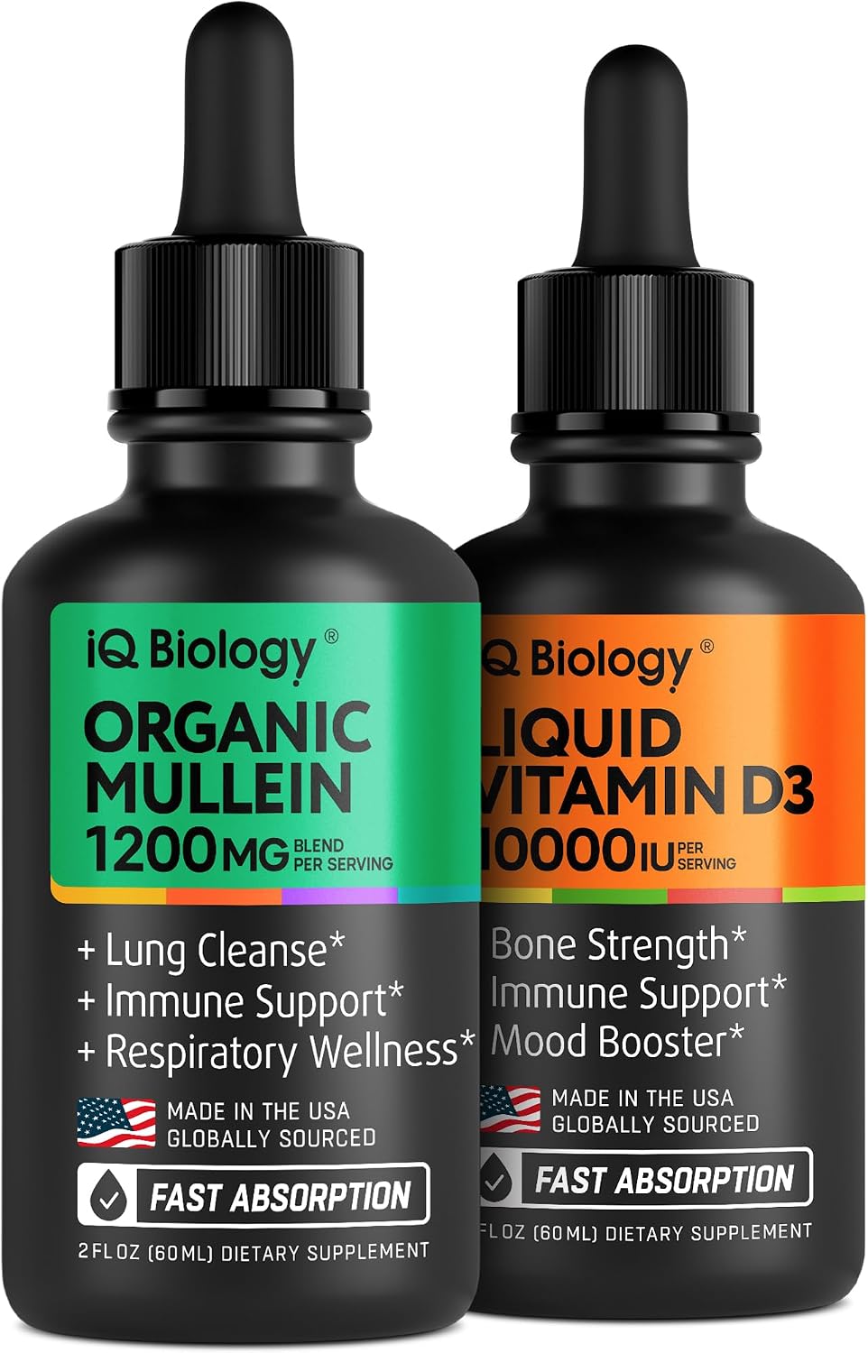 IQ BIOLOGY Organic Mullein + Liquid Vitamin D3 – Dual-Benefit Fast-Absorbing Drops | Clear Lungs, Strong Bones, Year-Round Immune & Mood Support | 2 × 2 fl oz