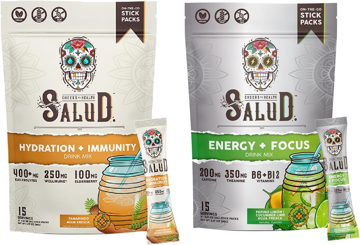 Salud 2-Pack | 2-in-1 Hydration + Immunity (Tamarindo) & Energy + Focus (Cucumber Lime) – 15 Servings Each, Agua Fresca Drink Mix, Non-GMO, Gluten Free, Vegan, Low Calorie, 1g of Sugar