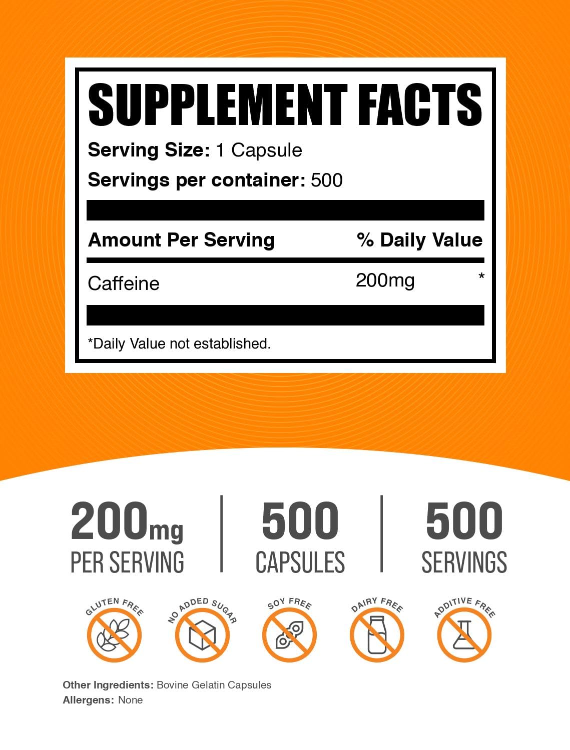 BulkSupplements.com Caffeine 200mg Capsules - Supplement for Energy Boost, Caffeine Pills 200mg - Gluten Free, 1 Capsule per Serving, 120 Count (Pack of 1)