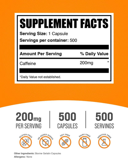 BulkSupplements.com Caffeine 200mg Capsules - Supplement for Energy Boost, Caffeine Pills 200mg - Gluten Free, 1 Capsule per Serving, 120 Count (Pack of 1)