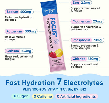 Venture Pal 2-in-1 Focus Support Electrolytes Powder + High Sodium Sugar-Free Electrolyte Powder Packets Bundle, Hydration Packets with Vitamins, Lion's Mane, Ashwagandha, Sodium, Potassium & Magnesiu