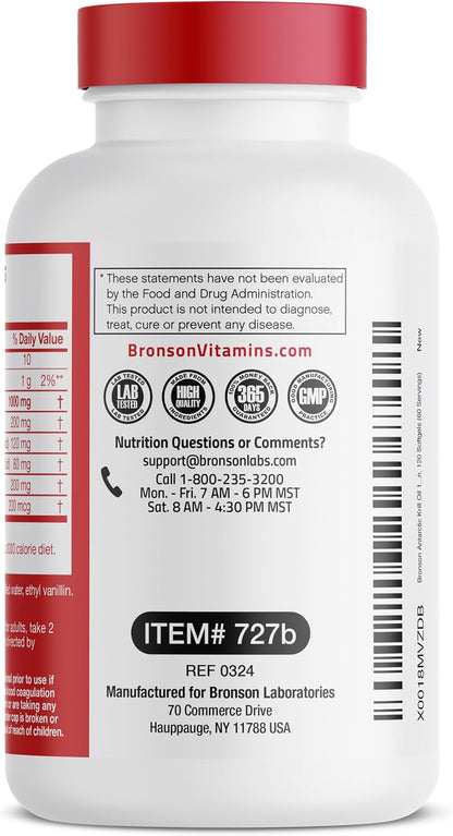 Bronson Antarctic Krill Oil 1000 mg with Omega-3s, 120 Softgels | Heavy Metal Tested, with EPA, DHA, Astaxanthin and Phospholipids, Non-GMO, Gluten Free, Soy Free