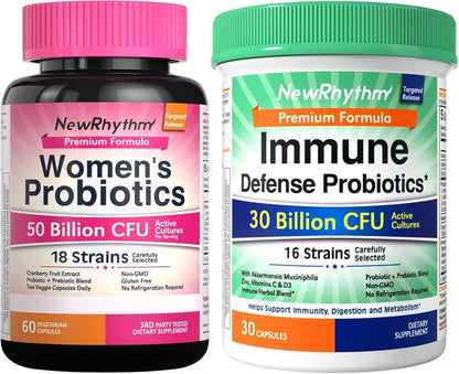 NewRhythm Probiotics Bundle: Women's Probiotics, 50 Billion, Support Digestive Health, 60 Capsules and Probiotics for Immune Support, Akkermansia Probiotic Supplement for Women & Men, 30 Billion 30 C