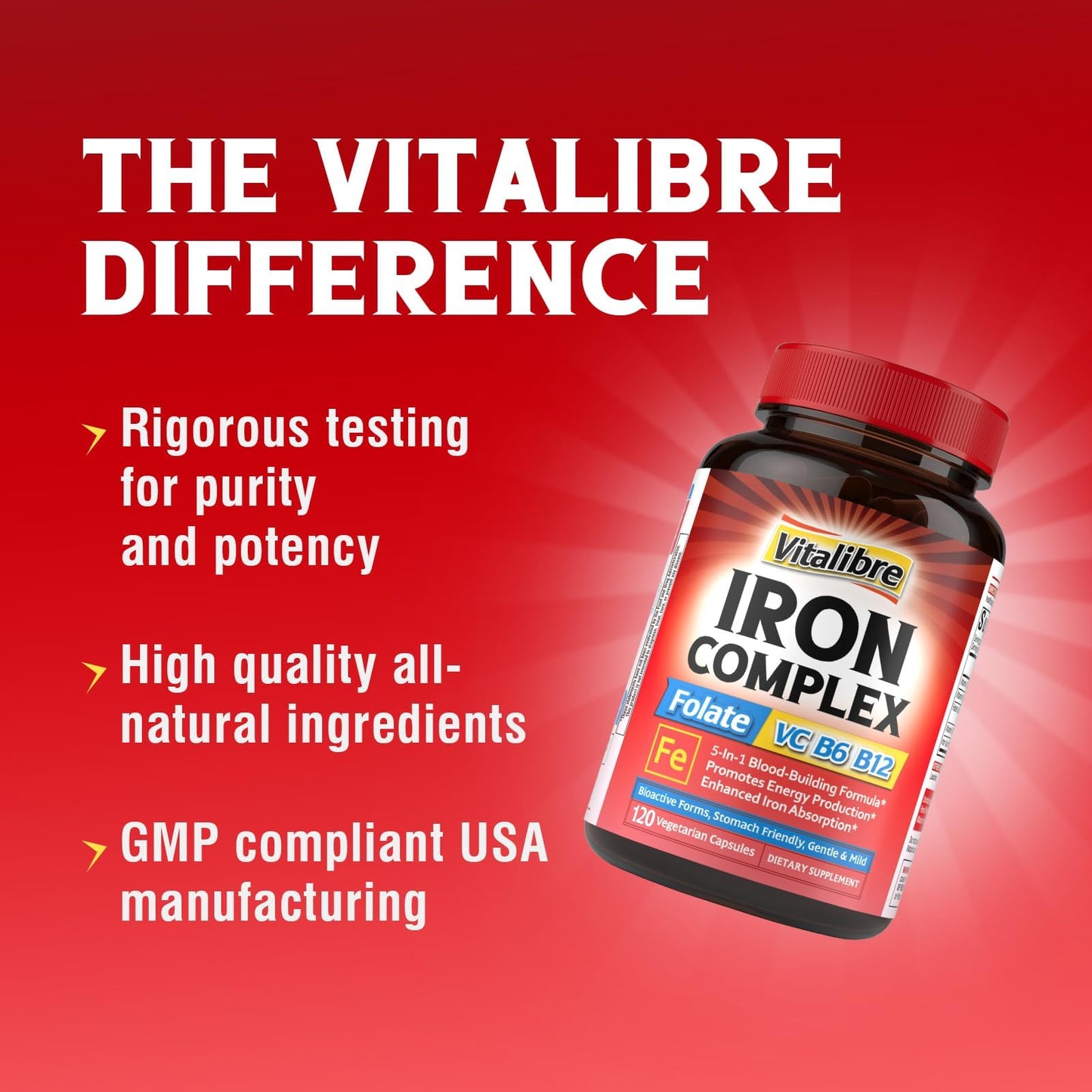 Iron Supplement for Women & Men, with Vitamins C, B6, B12 & Folate | for Iron Deficiency, Blood Building & Energy Support, Stomach Friendly, Better Absorption, Non-GMO, No Gluten, 60 Vegan Caps