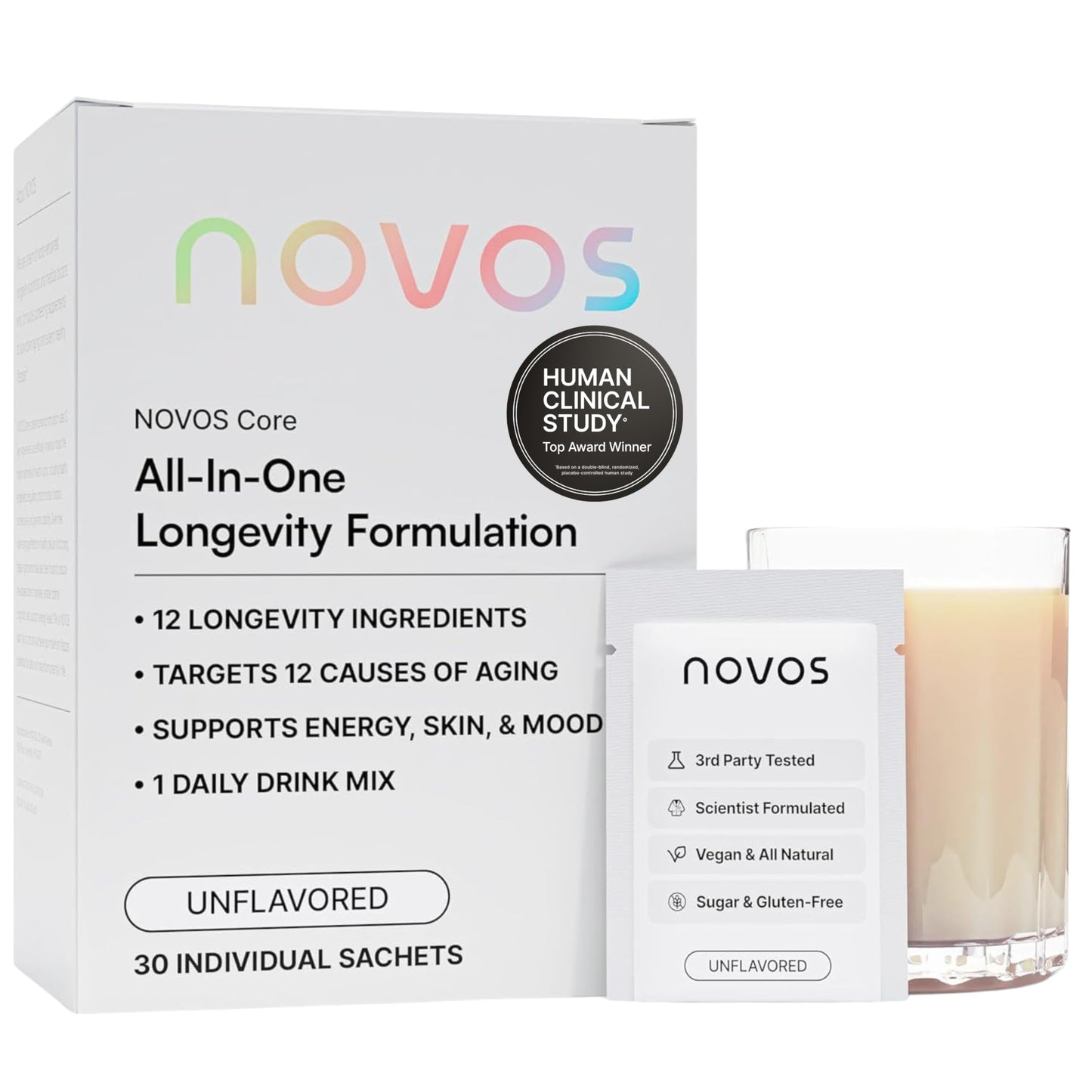Novos Core - Clinically Studied Daily Longevity Supplement | 12 Active Ingredients for Healthy Aging, Energy, Cognition & Skin Health | Human Clinical Trial Backed | Orange Flavored | 30 Servings