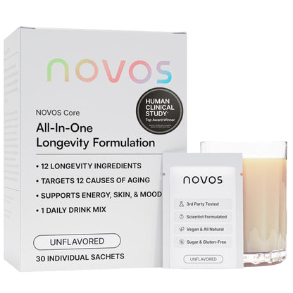 Novos Core - Clinically Studied Daily Longevity Supplement | 12 Active Ingredients for Healthy Aging, Energy, Cognition & Skin Health | Human Clinical Trial Backed | Orange Flavored | 30 Servings