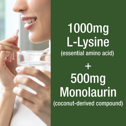 Peak Performance L Lysine 1000mg + Monolaurin 500mg High Potency Supplement for Lips, Skin, & Immune Support - L-Lysine 2-in-1 Bioavailable Supplements for Men and Women - 60 Capsules