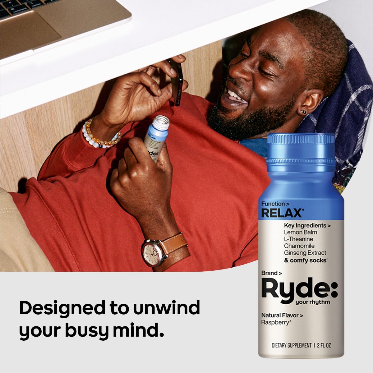 RYDE Shots, Energize + Relax, Essential B Vitamins, Ginseng, Chamomile and Caffeine, Zero Calories, Zero Sugar, Pack of 16