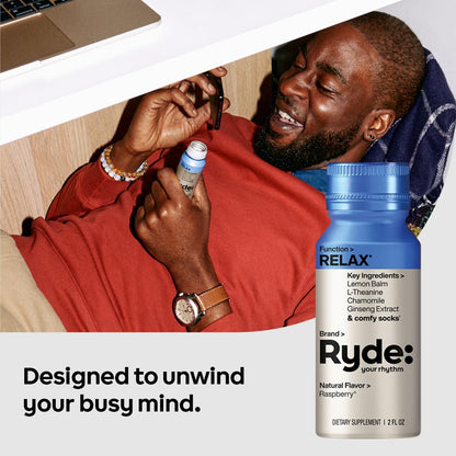 RYDE Shots, Energize + Relax, Essential B Vitamins, Ginseng, Chamomile and Caffeine, Zero Calories, Zero Sugar, Pack of 16