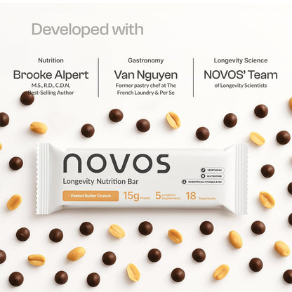 NOVOS Longevity Protein Bar Variety Pack (3 Flavors) – Peanut Butter, Mixed Berry Crunch & Salted Chocolate Crunch | 15g Protein, 20 Superfoods & Longevity Nutrients | Healthy Snack for Energy & Focus
