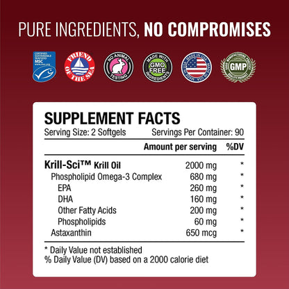 Approved Science Krill Oil - 2000mg Antarctic Krill Oil, 650mcg Astaxanthin - 260mg EPA, 160mg DHA - 180 Softgels