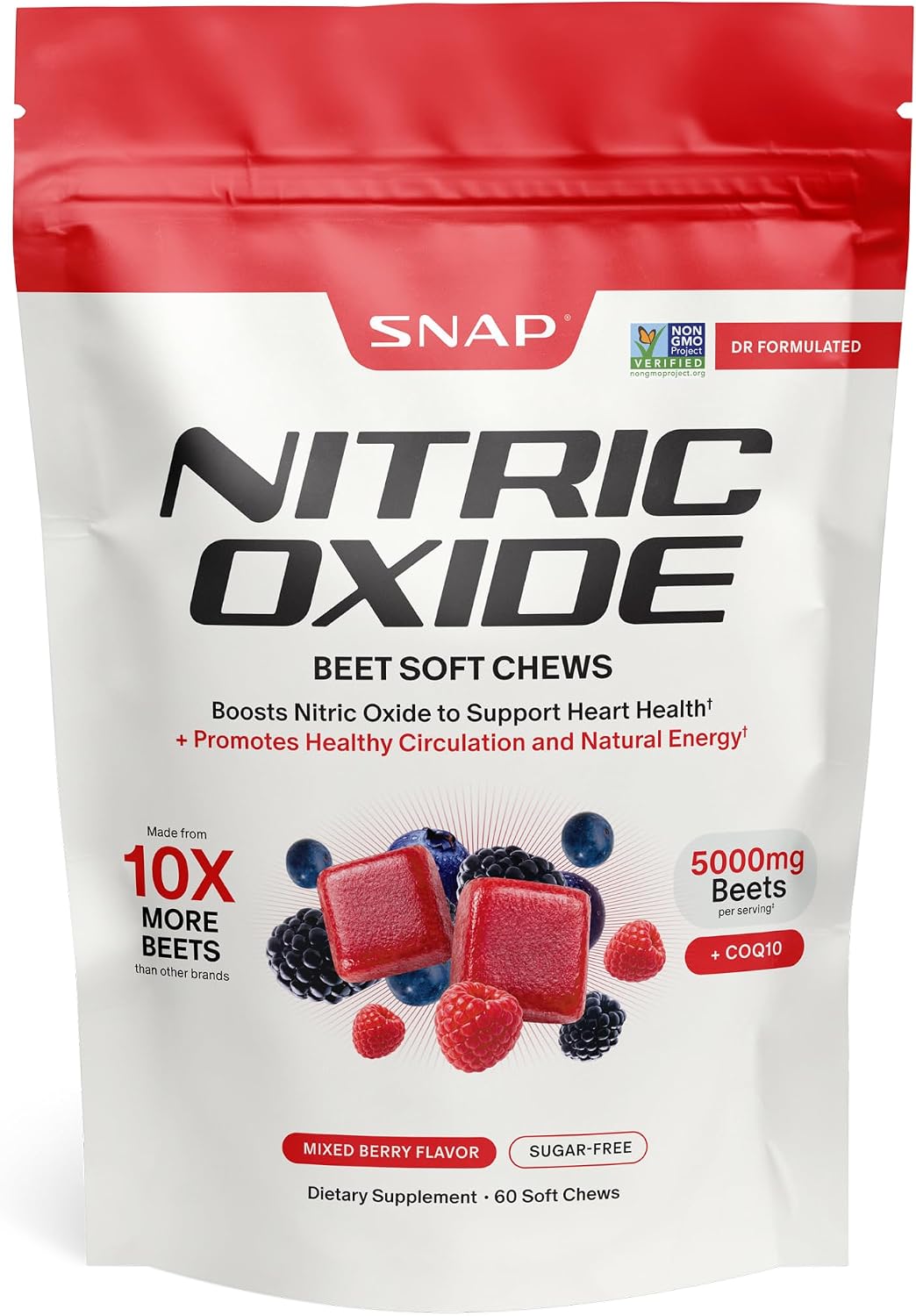 Snap Supplements Nitric Oxide Beet Root Chews, Mixed Berry, 60 Soft Chews | 1,250mg Beet Root Extract per 2 chews CoQ10 & Acai for Cardiovascular, Clean Energy, & Circulation Support, Sugar-Free, Vegan