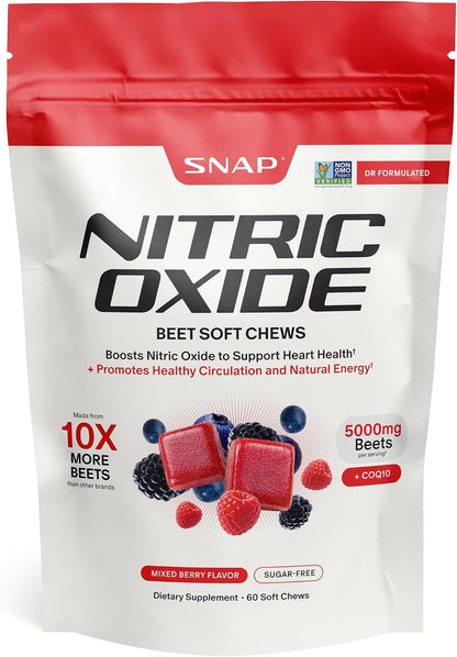 Snap Supplements Nitric Oxide Beet Root Chews, Mixed Berry, 60 Soft Chews | 1,250mg Beet Root Extract per 2 chews CoQ10 & Acai for Cardiovascular, Clean Energy, & Circulation Support, Sugar-Free, Vegan