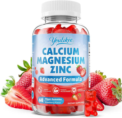 Calcium Magnesium Zinc Gummies for Adult, Calcium Citrate with Vitamin D3 | High Absorption Calcium Magnesium Supplement for Women & Men, Sugar-Free, Strawberry Flavor, 60 Count