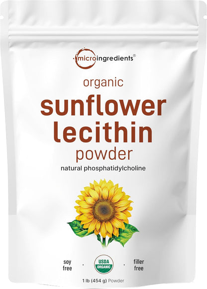 Organic Sunflower Lecithin Powder, 1 Pound, Sustainable Farmed, Cold Pressed, Rich in Phosphatidyl Choline and Protein, Making Liposomal Vitamin C, Lactation Supplement, Non-GMO