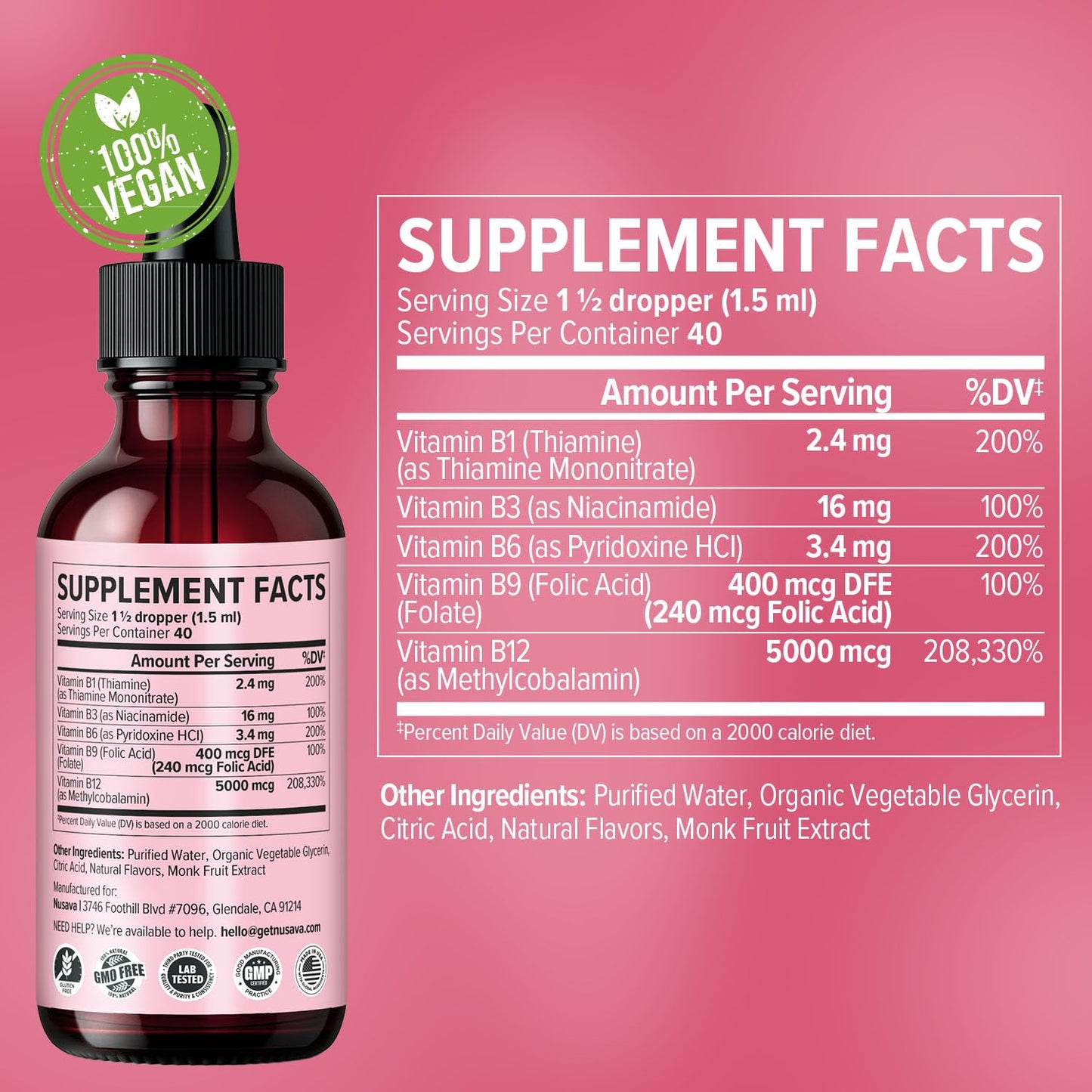 NUSAVA (2 Pack) Vitamin B12 Liquid Drops with B6, B1, Niacin & Folate — B12 Sublingual Vitamin B Complex, Methylcobalamin 5000 mcg, for Energy, Brain & Heart Support, Raspberry Flavor, 80 Servings