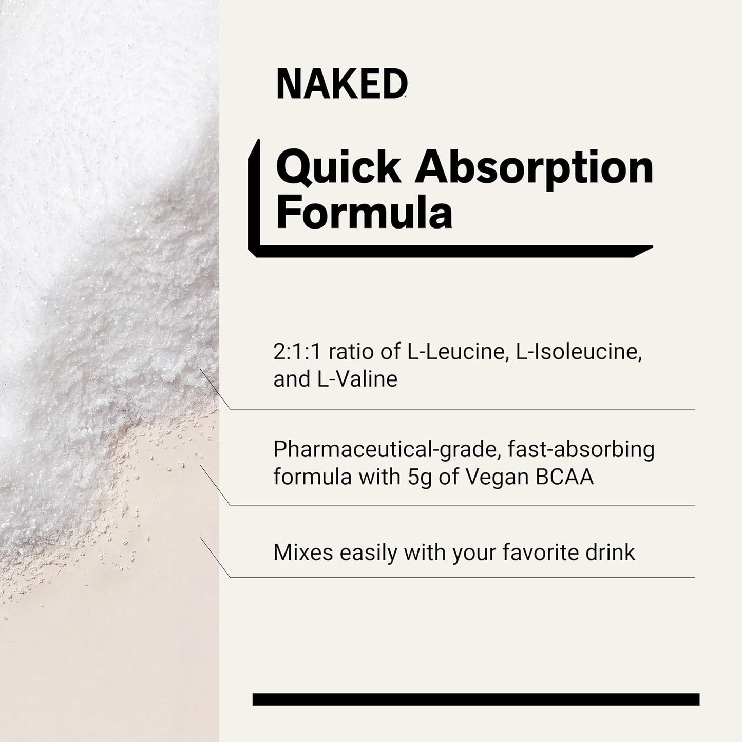 NAKED BCAAs Amino Acids Powder, Only 1 Ingredient, Pure 2:1:1 Formula, Vegan Unflavored Branched Chain Amino Acids, Instantized All Natural BCAA Supplement - 500 Grams, 100 Servings