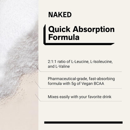 NAKED BCAAs Amino Acids Powder, Only 1 Ingredient, Pure 2:1:1 Formula, Vegan Unflavored Branched Chain Amino Acids, Instantized All Natural BCAA Supplement - 500 Grams, 100 Servings