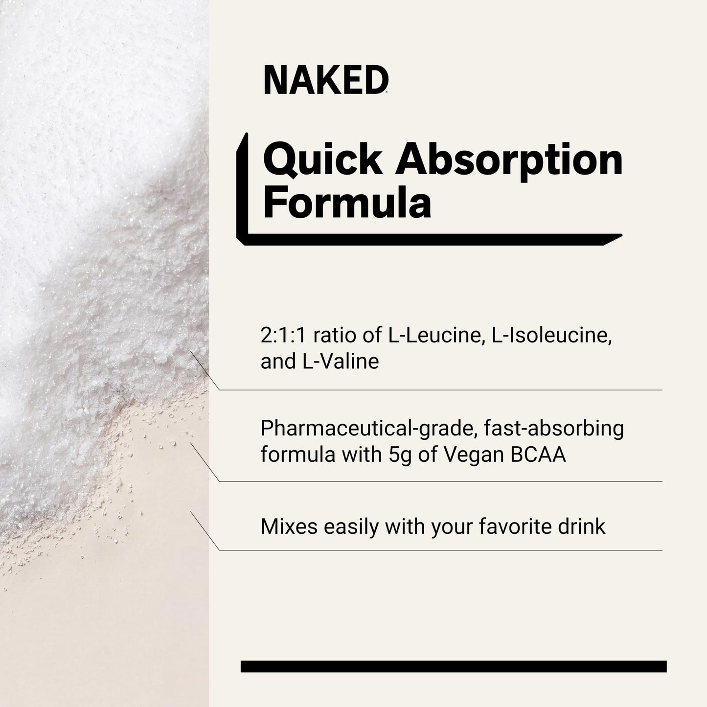 NAKED BCAAs Amino Acids Powder, Only 1 Ingredient, Pure 2:1:1 Formula, Vegan Unflavored Branched Chain Amino Acids, Instantized All Natural BCAA Supplement - 500 Grams, 100 Servings