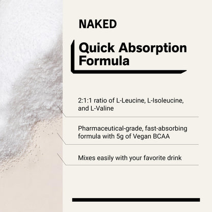 NAKED BCAAs Amino Acids Powder, Only 1 Ingredient, Pure 2:1:1 Formula, Vegan Unflavored Branched Chain Amino Acids, Instantized All Natural BCAA Supplement - 500 Grams, 100 Servings
