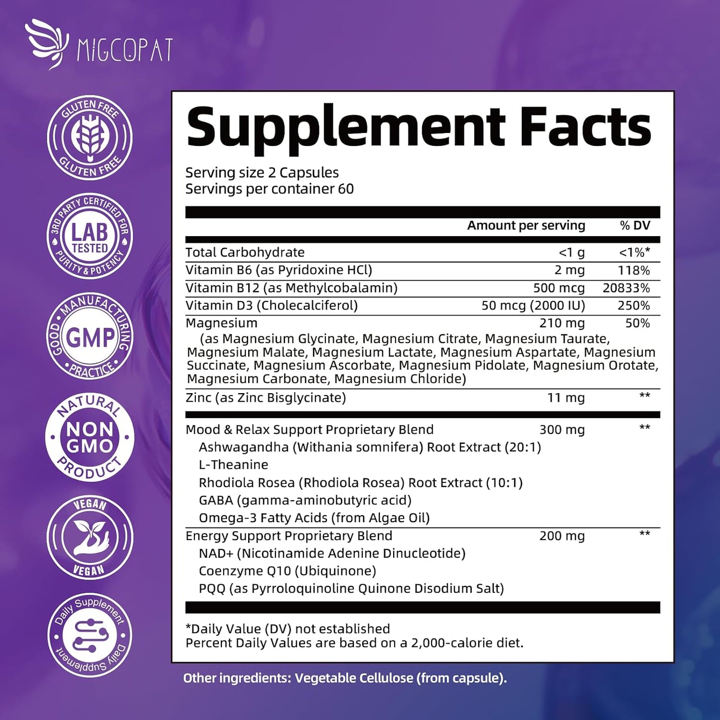 Migcopat Magnesium Complex w/Magnesium Glycinate, Malate, Citrate | 24-in-1 Magnesium Supplement w/Ashwagandha, L-Theanine & NAD+ | Supports Calm, Energy, Muscle & Sleep | Non-GMO, 120 Vegan Caps