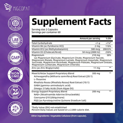Migcopat Magnesium Complex w/Magnesium Glycinate, Malate, Citrate | 24-in-1 Magnesium Supplement w/Ashwagandha, L-Theanine & NAD+ | Supports Calm, Energy, Muscle & Sleep | Non-GMO, 120 Vegan Caps