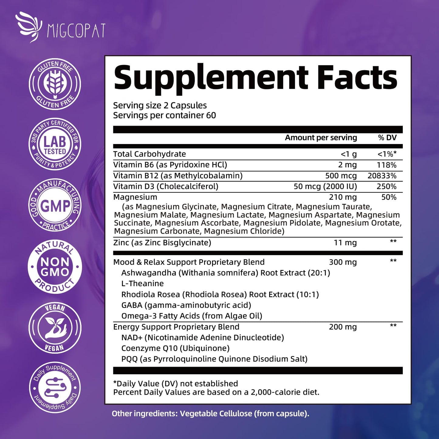 Migcopat Magnesium Complex w/Magnesium Glycinate, Malate, Citrate | 24-in-1 Magnesium Supplement w/Ashwagandha, L-Theanine & NAD+ | Supports Calm, Energy, Muscle & Sleep | Non-GMO, 120 Vegan Caps