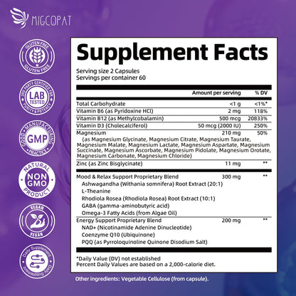 Migcopat Magnesium Complex w/Magnesium Glycinate, Malate, Citrate | 24-in-1 Magnesium Supplement w/Ashwagandha, L-Theanine & NAD+ | Supports Calm, Energy, Muscle & Sleep | Non-GMO, 120 Vegan Caps