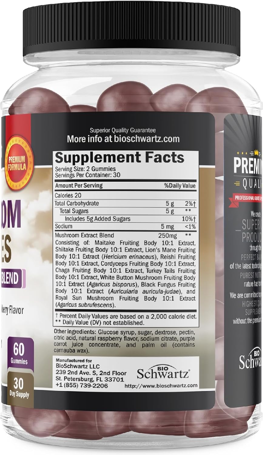 Mushroom Gummies for Adults - 10-in-1 Functional Mushroom Supplement for Mood and Focus with Lions Mane Turkey Tail Cordyceps Shiitake Reishi - Vegan, Non-GMO, Fresh Raspberry Flavor, 60 Count