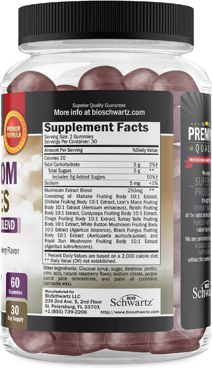 Mushroom Gummies for Adults - 10-in-1 Functional Mushroom Supplement for Mood and Focus with Lions Mane Turkey Tail Cordyceps Shiitake Reishi - Vegan, Non-GMO, Fresh Raspberry Flavor, 60 Count