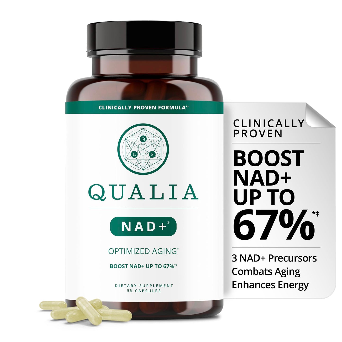 Qualia NAD Supplement — Clinically Proven to Boost NAD+ up to 67%. Optimized Aging, Energy, Focus. Elite Ingredients Nicotinamide Riboside (NIAGEN), Niacin, Niacinamide (1 Month Supply)