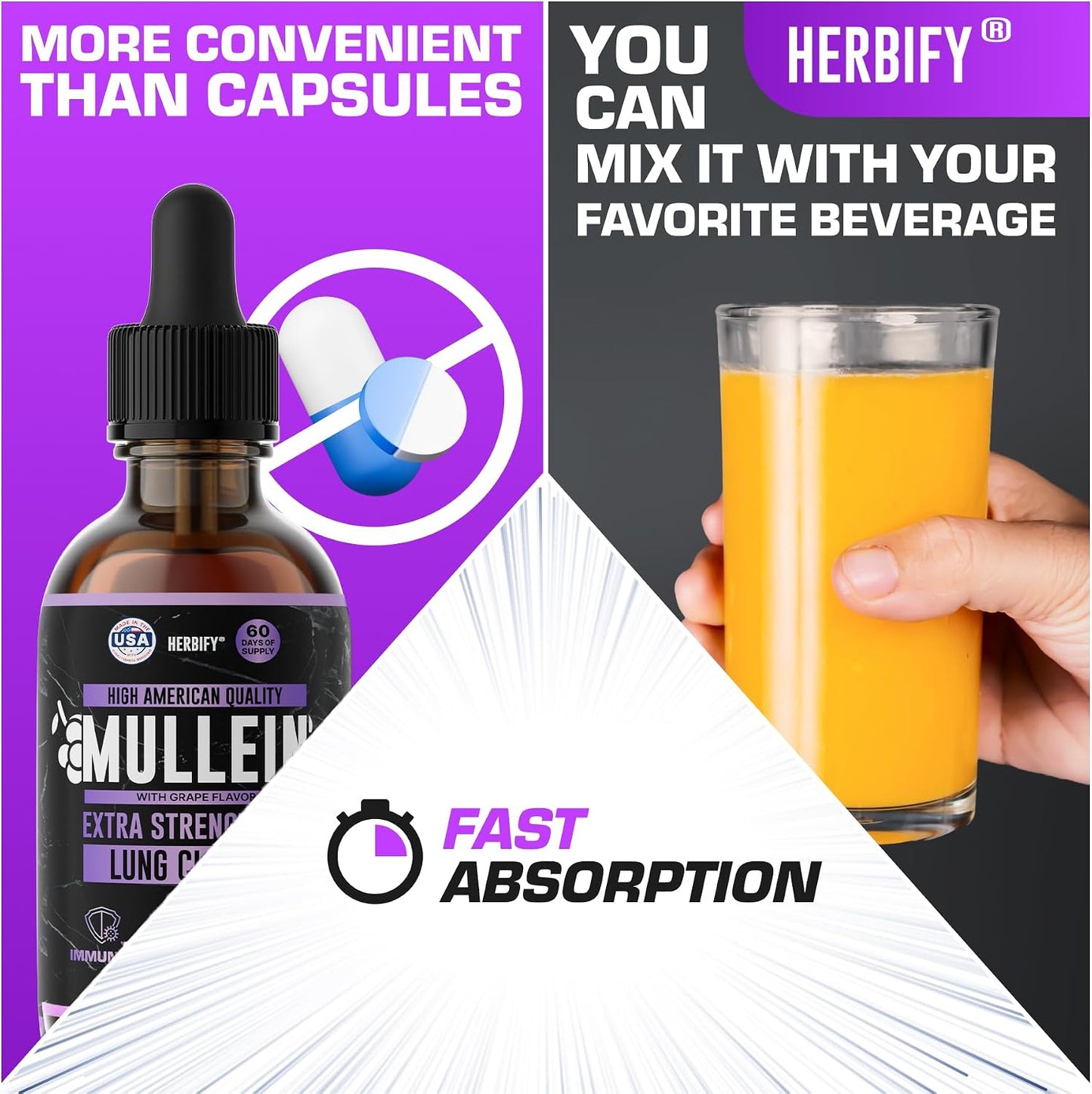 HERBIFY Bundle - Lions Mane & Mullein Grape 4 Fl Oz Drops - Supplement for Memory, Focus & Clarity & Immune Support, Lung Cleanse and Bronchial Support