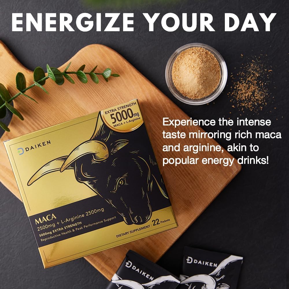 DAIKEN Peruvian Maca Root Powder Extra Strength 5,000 mg, Gelatinized Black, Red, Yellow Maca Blend with L-Arginine (2,500 mg) for Men and Women, Superior Absorption, Vegan, Lab Tested - 22 Packets
