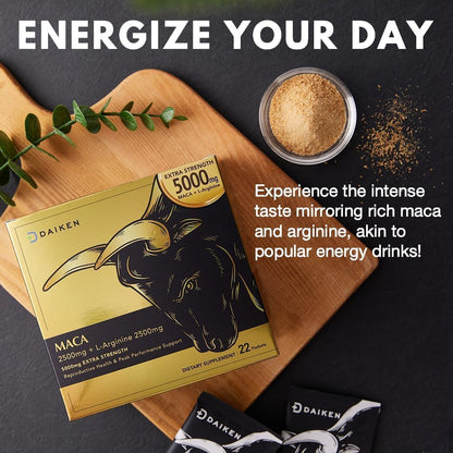 DAIKEN Peruvian Maca Root Powder Extra Strength 5,000 mg, Gelatinized Black, Red, Yellow Maca Blend with L-Arginine (2,500 mg) for Men and Women, Superior Absorption, Vegan, Lab Tested - 22 Packets
