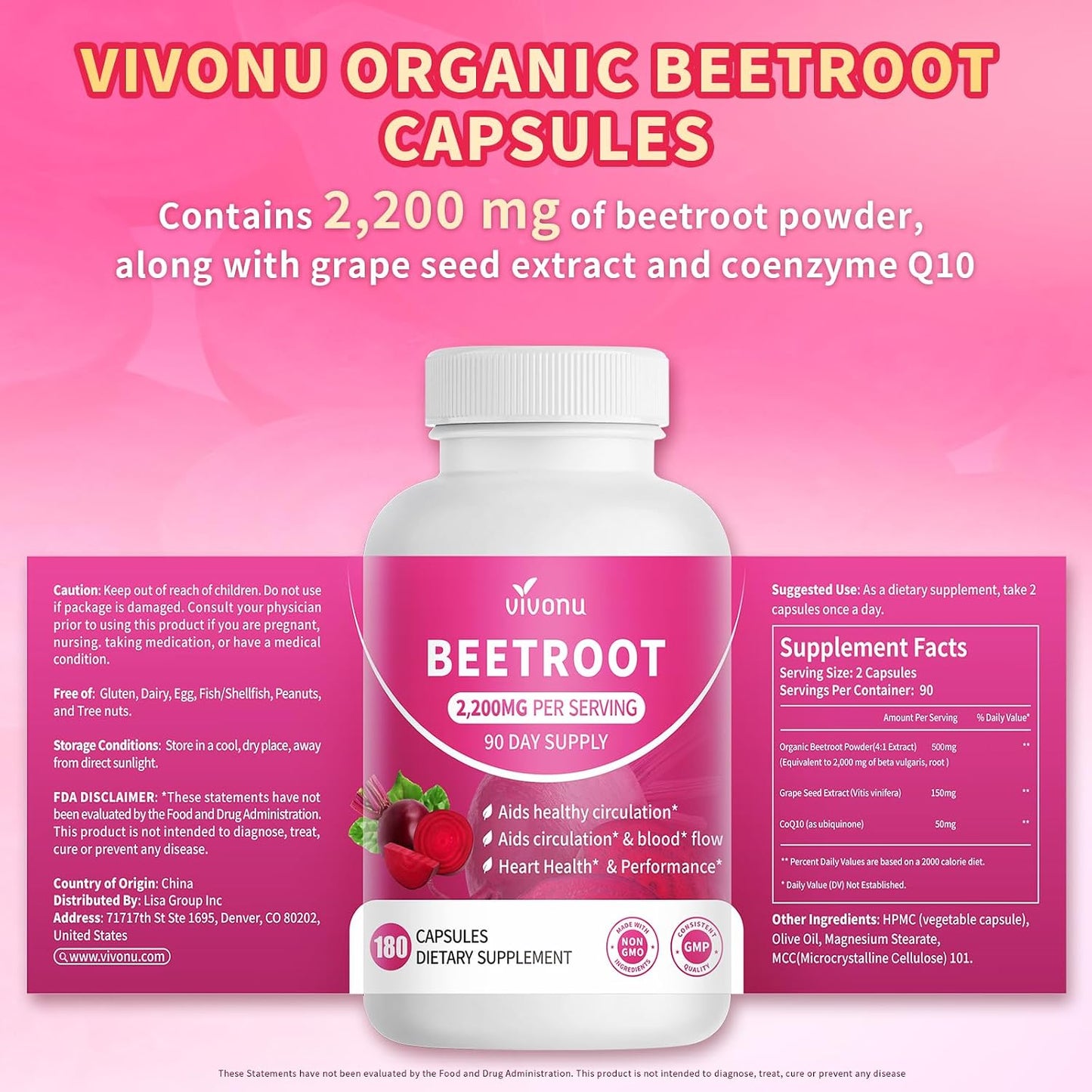 VivoNu Beetroot Capsules | Beet Root Supplement* 2,000 mg of Beet Root Powder, Enriched with CoQ10 and Grape Seed Extract，Healthy sBlood Pressure Levels and sCardiovascular* Wellness
