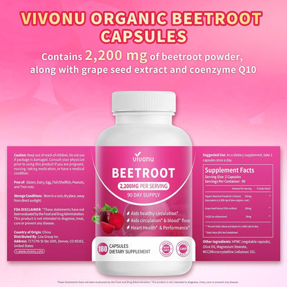 VivoNu Beetroot Capsules | Beet Root Supplement* 2,000 mg of Beet Root Powder, Enriched with CoQ10 and Grape Seed Extract，Healthy sBlood Pressure Levels and sCardiovascular* Wellness