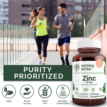 Natural Nutra Zinc Gluconate 50mg Supplement for Immune Support, Promotes Skin Health, Provides Ease From Flu & Cold, Boost Learning & Memory, Enhance Taste & Smell, Gluten Free 50mg 100 Vegan Tablets