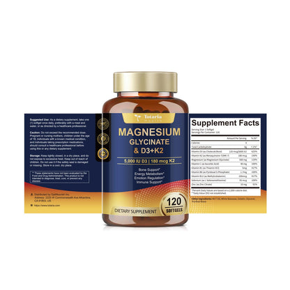 9-in-1 Magnesium Glycinate 500mg + Vitamin D3 5000 IU & K2 Complex - High Absorption - Healthy Stress, Sleep, Muscle Function, Bone Health & Energy Supports | Non-GMO, Gluten-Free 120 Softgels