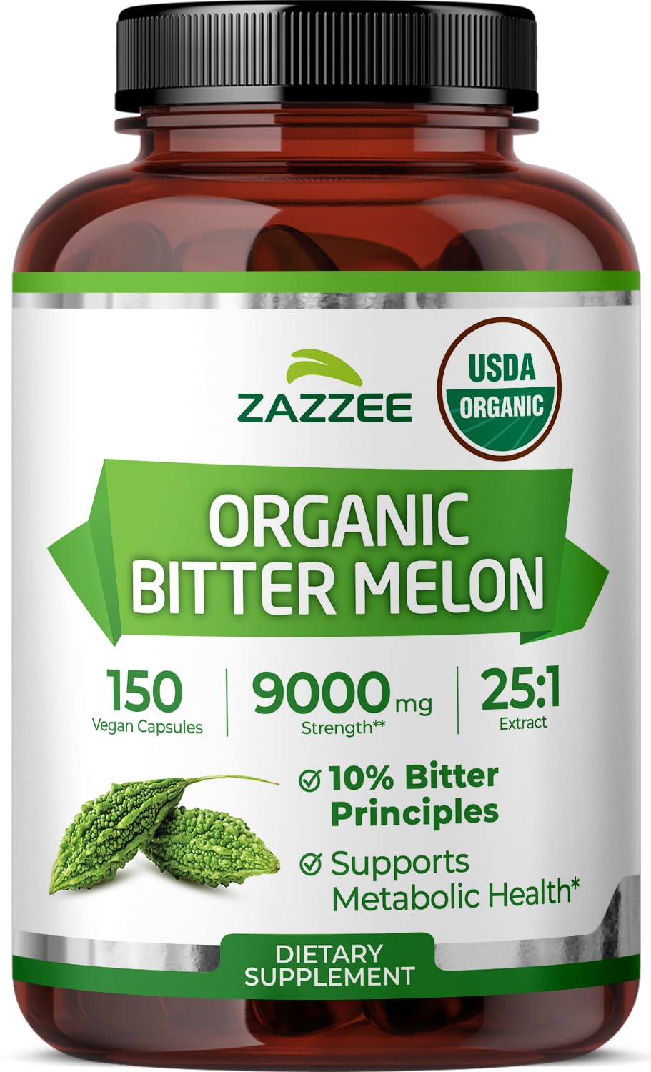 Zazzee USDA Organic Bitter Melon 25:1 Extract, 10% Bitter Principles, 150 Vegan Capsules, 5 Month Supply, Extra Strength, Momordica Charantia, Antioxidant & Metabolic Support, Non-GMO, Made in the USA