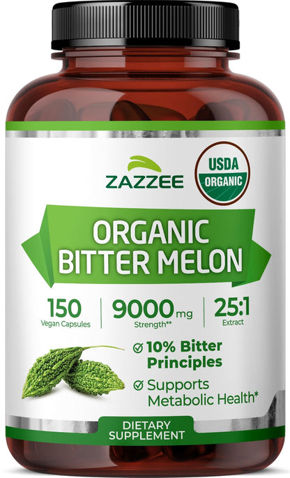 Zazzee USDA Organic Bitter Melon 25:1 Extract, 10% Bitter Principles, 150 Vegan Capsules, 5 Month Supply, Extra Strength, Momordica Charantia, Antioxidant & Metabolic Support, Non-GMO, Made in the USA