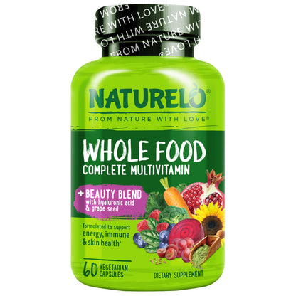 NATURELO Whole Food Multivitamin with Extra Hair, Skin and Nails Support - Beauty Blend with Hyaluronic Acid & Grape Seed - High Potency Biotin, Vitamin C, and Glutathione - 60 Vegan Capsules