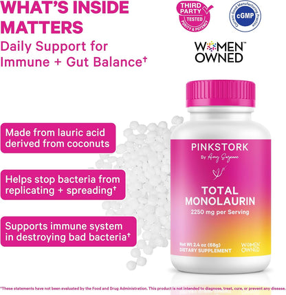 Pink Stork Monolaurin Pellets – Vegan Lauric Acid Immune & Gut Support for Women – Microbial Balance, Digestive Wellness – Odorless, Scoopable Monolaurin Supplement – 226g – 75 Servings